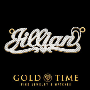 Close up of the 3D Jillian nameplate showing the raised diamond script and the heart in the tail