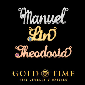 Three birthstone name necklaces in yellow, rose, and pink tones reading Lin, Manuel, and Theodosia