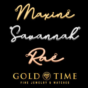 Script name necklace shown in yellow gold, silver, and rose gold finishes