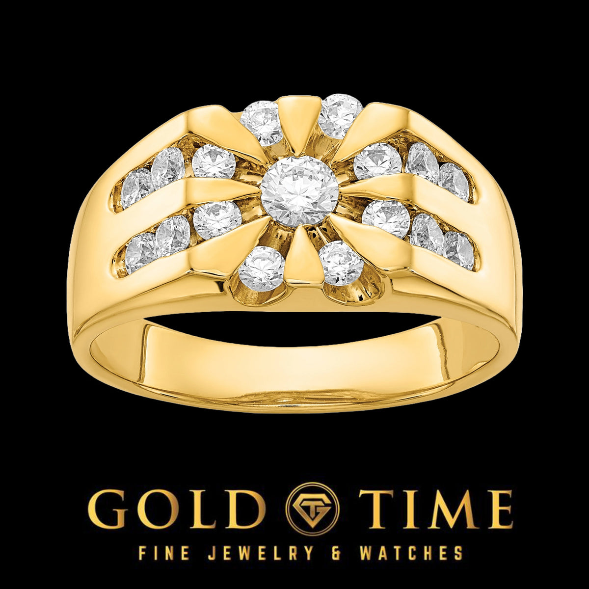 Mens Ring | Natural Diamond Channel Set Ring | Solid Yellow Gold Tapered Band | 1ct Fine Jewelry Gift for Him