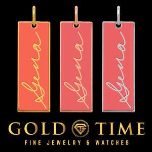 Enamel name charms in yellow gold, rose gold, and white metal with peach enamel and the handwritten name Gena