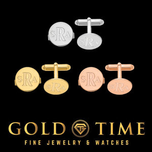 Engraved round monogram cuff links in white, yellow, and rose, on a black Gold Time background