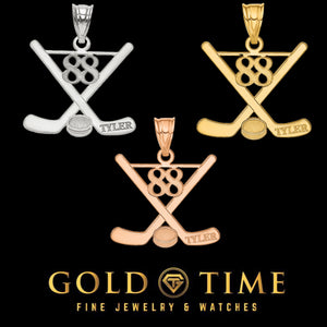 Three custom hockey pendants in white, yellow and rose gold, each with crossed sticks and the name Tyler, on a black Gold Time card