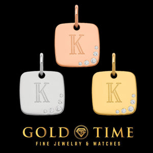 Cushion initial charms with diamond accents in silver tone, rose tone and yellow gold