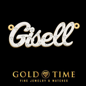 Two-tone gold name pendant reading Gisell, white diamond set script over a yellow gold outline, on black