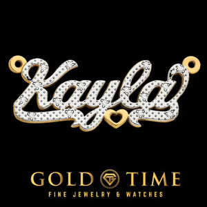 Close up of the 3D diamond Kayla nameplate showing the raised script and the heart accent