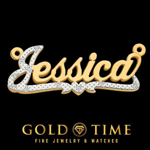 Close up of the two tone Jessica nameplate showing the diamond outline and the heart in the underline
