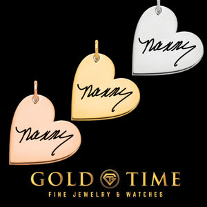 Three signature heart pendants in rose gold, yellow gold and silver, each engraved with the same handwritten name