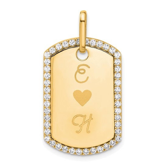 14K Yellow Gold Dog Tag Pendant with 0.552 CT Diamond Border, Engravable Custom Jewelry Gift for Men & Women