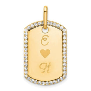 Yellow gold diamond dog tag engraved with two script initials and a heart