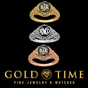 Floral initial monogram rings with black enamel in yellow gold, white metal and rose gold