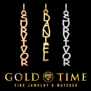 Three vertical name plate charms with stacked block letters, shown in gold and silver tones