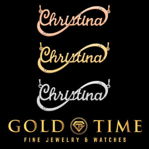 Three infinity name necklaces with the name Christina in yellow, white, and rose gold