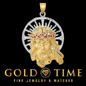 14K tri-color Jesus pendant with a yellow gold face, rose gold crown and diamond-cut halo