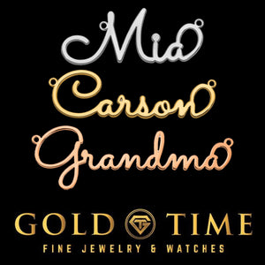 Silver, gold and rose whimsical cursive name plates reading Mia, Carson and Grandma
