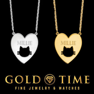Two heart pendants with a cat face cutout and an engraved name, one silver and one gold plated