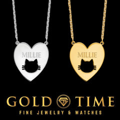 Personalized Sterling Silver Cat Necklace: Engraved Heart Pendant, Gold-Plated Option