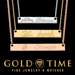 Three horizontal bar necklaces in silver, gold, and rose gold engraved with an image and the words Princess, Sarah, and Strength, Gold Time