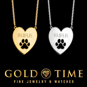 Heart dog name necklaces with paw print cutout in gold plated and sterling silver