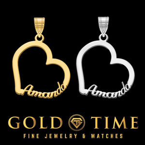Personalized open heart name pendant in yellow gold and white metal with the script name Amanda, Gold Time