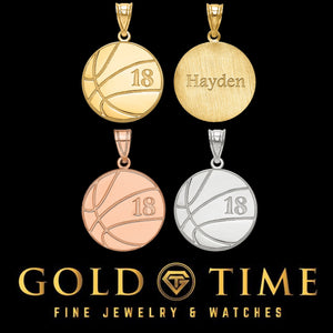 Four basketball number pendants in yellow, rose and white gold, one engraved with a name, on a black Gold Time card
