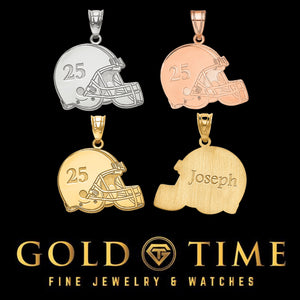 Football helmet pendants in sterling silver, rose gold and yellow gold with number 25 and name Joseph