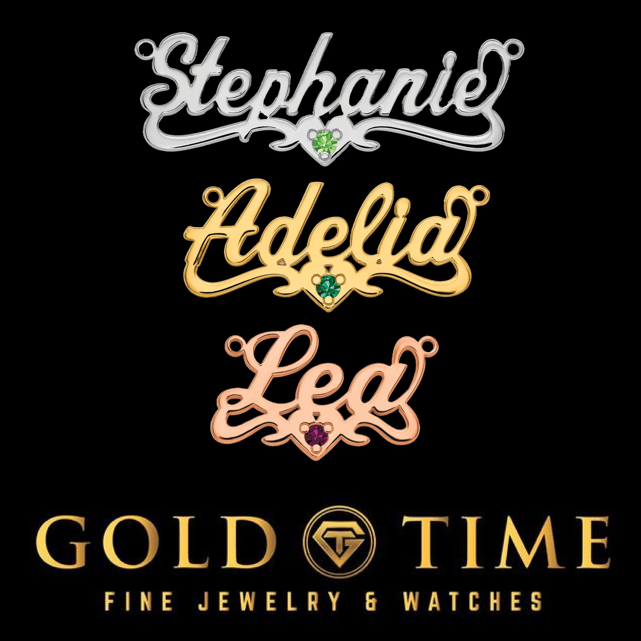 Custom Cursive Name Necklace: Heart & Birthstone, 14K Gold or Sterling Silver