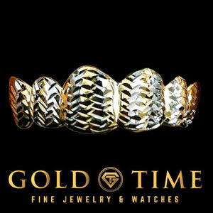 Two-tone yellow and white pineapple cut grillz with deep crosshatch diamond cuts