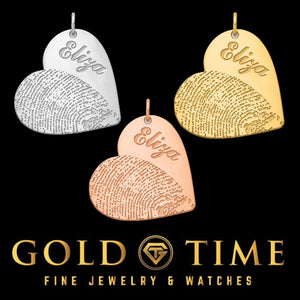 Three heart keepsake pendants in rose gold, silver and yellow gold, each with a fingerprint on one half and an engraved name on the other