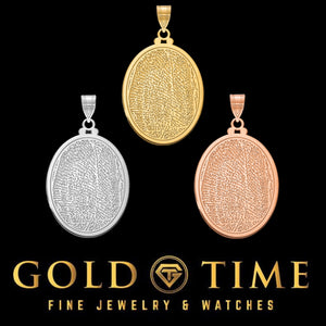 Oval fingerprint pendants engraved with a real fingerprint in sterling silver, yellow gold and rose gold