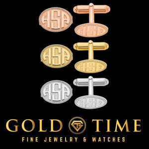 Oval rope border cuff links with raised monograms in rose, yellow, and white, on a black Gold Time background