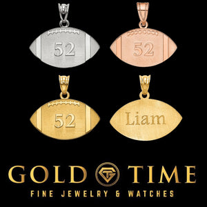 Custom football jersey number pendants in silver, rose, and yellow gold engraved 52, with a back engraved Liam, Gold Time