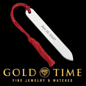 Engraved personalized sterling silver bookmark with red tassel, engraved with a date