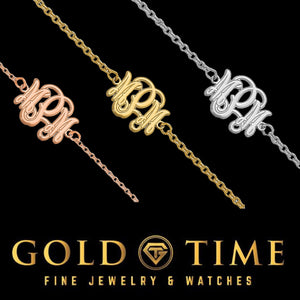 Three etched outline monogram bracelets in rose, yellow, and white with script initials, shown on black