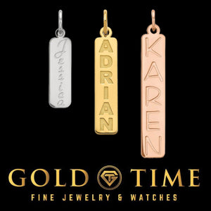 Sterling silver, yellow gold and rose gold vertical bar pendants engraved with the names Jessica, ADRIAN and KAREN, black background with the Gold Time logo