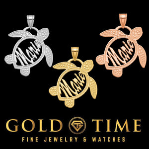 Personalized sea turtle name pendants in silver, yellow gold and rose gold on a black background with Gold Time branding