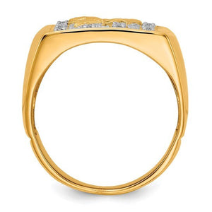 Standing view of the gold eagle ring showing the band and diamond face