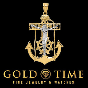 Two-tone gold mariner crucifix pendant with a white gold Jesus figure on a yellow gold anchor, shown on black with the Gold Time logo