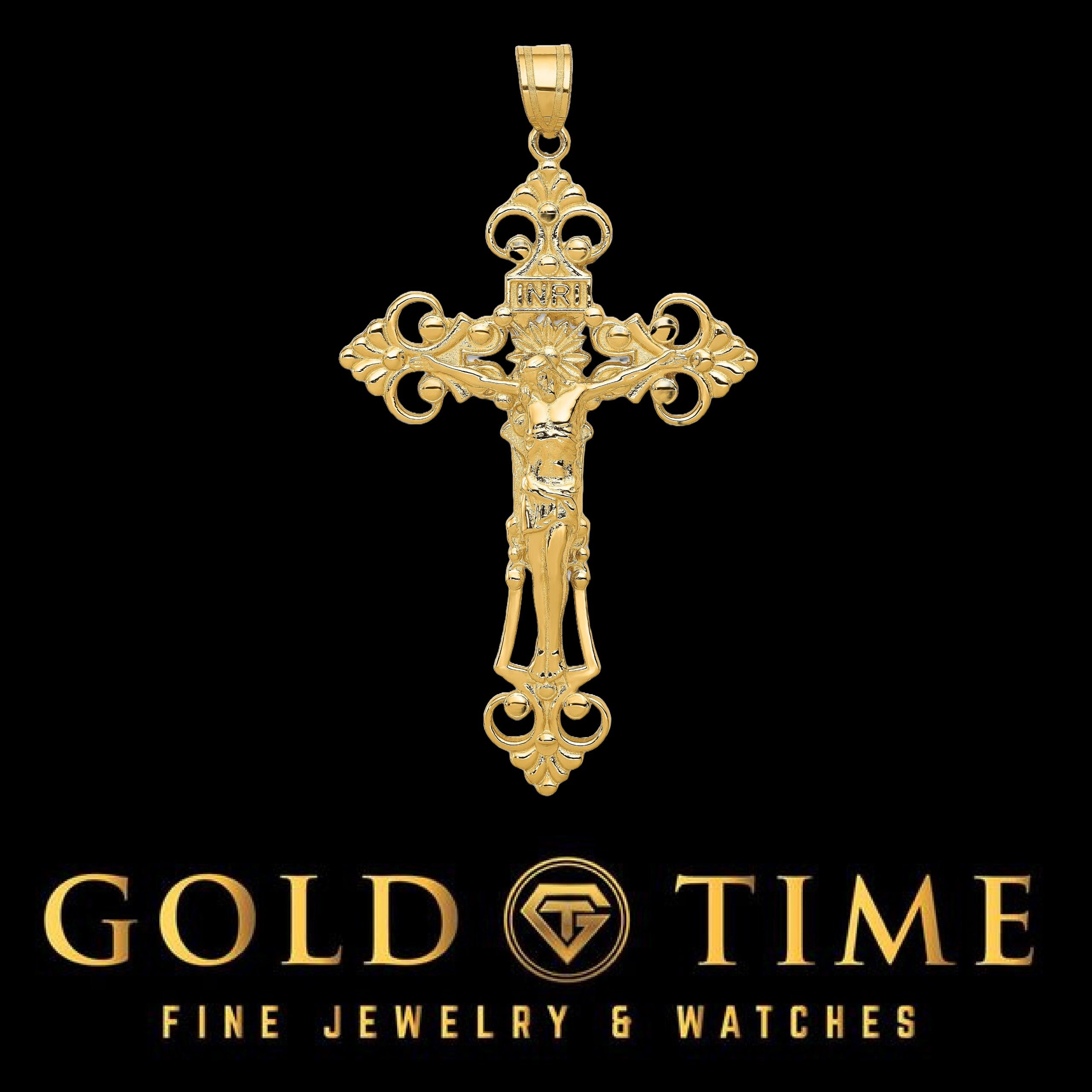 14k Gold INRI Crucifix Pendant for Men & Women  Large Fleur de Lis Cross Charm  Religious Gold Jewelry Gift  Catholic Necklace Pendant