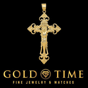 Large 14k yellow gold INRI crucifix pendant with ornate fleur de lis arms on a black background