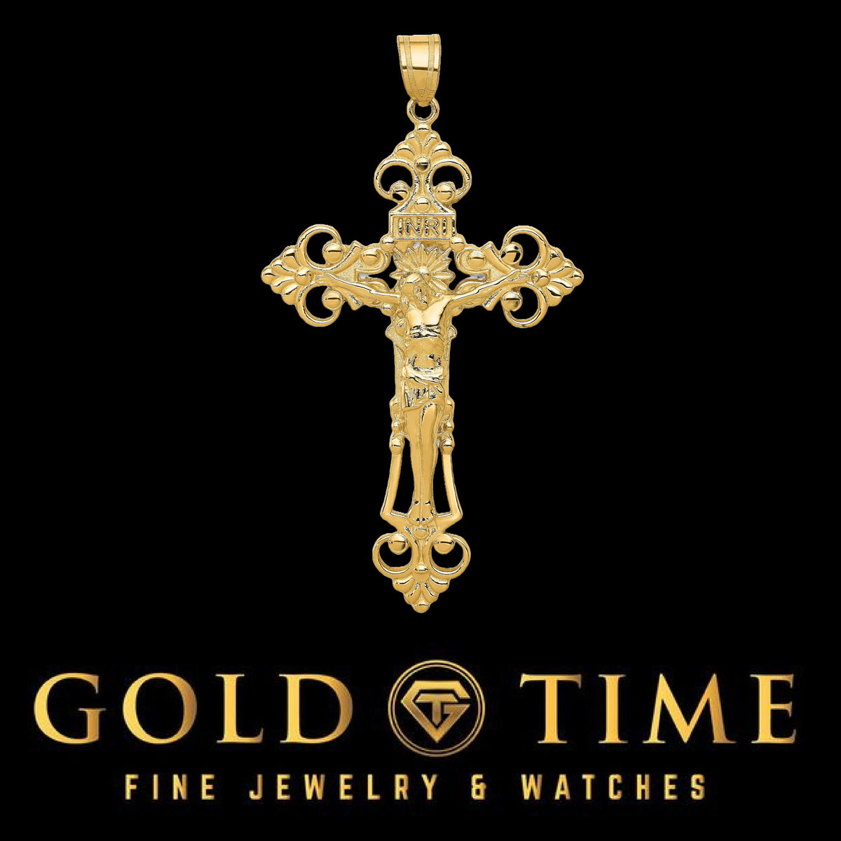 14k Gold INRI Crucifix Pendant for Men & Women  Large Fleur de Lis Cross Charm  Religious Gold Jewelry Gift  Catholic Necklace Pendant