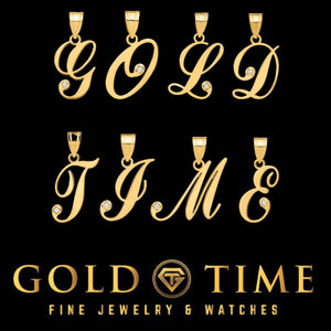 14k yellow gold script initial pendants with a natural diamond accent spelling out GOLD TIME