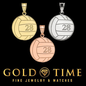 Volleyball number pendants in yellow gold, sterling silver and rose gold with number 28