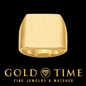 14k yellow gold men's signet ring with a wide square satin brushed face, black background with the Gold Time logo