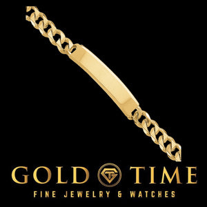 Solid 14K yellow gold men's curb link ID bracelet on black