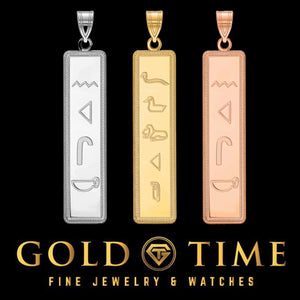 Personalized Egyptian hieroglyphic cartouche bar pendants in white, yellow, and rose gold with a rope-style border, Gold Time