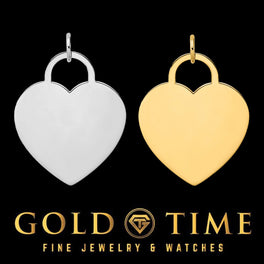 14k white gold and yellow gold heart disc charms on a black background with Gold Time branding