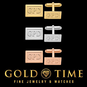 Rectangle monogram cuff links with raised GPD initials shown in yellow, silver and rose