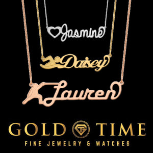 Three custom image and name necklaces in silver, gold, and rose gold reading Jasmine with a heart, Daisy with a swimmer, and Lauren with a runner, Gold Time