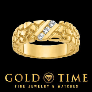 Men's 14k yellow gold nugget ring with a diagonal row of round diamonds, black background with the Gold Time logo